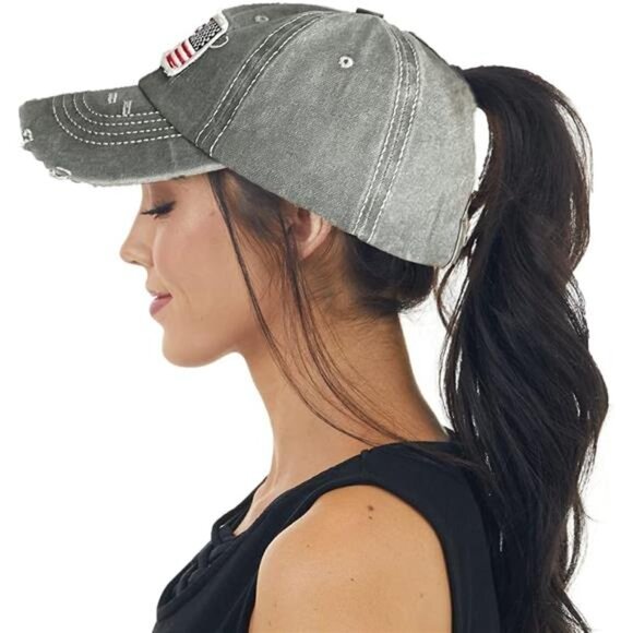 Womens Ponytail Hat Distressed Baseball Cap American Flag High Bun Adjustable - Picture 5 of 6